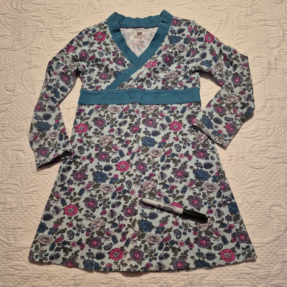 Tea Collection girls size 5 teal pink gray dress has couple marks Play cond.